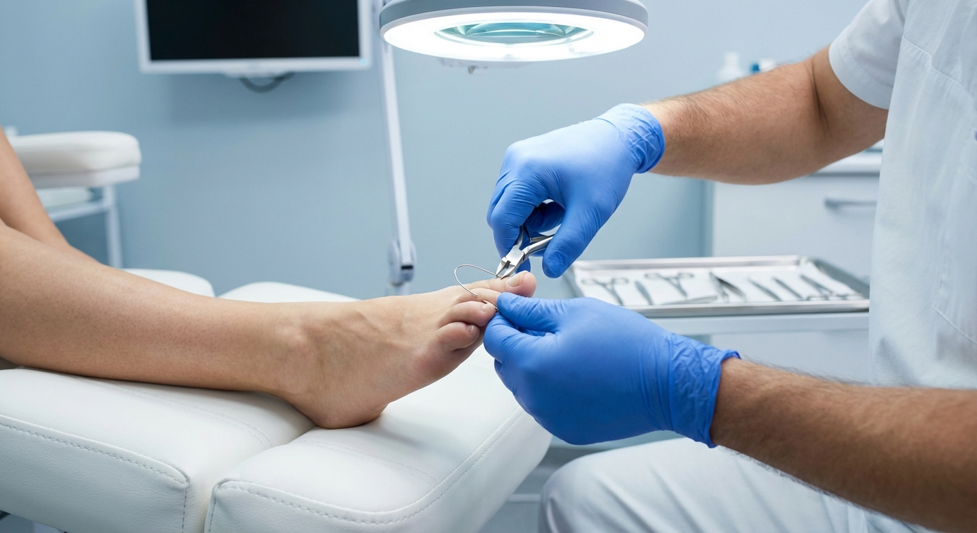 Podolog zakładający klamrę korekcyjną na paznokieć — zabieg ortonyksji w gabinecie