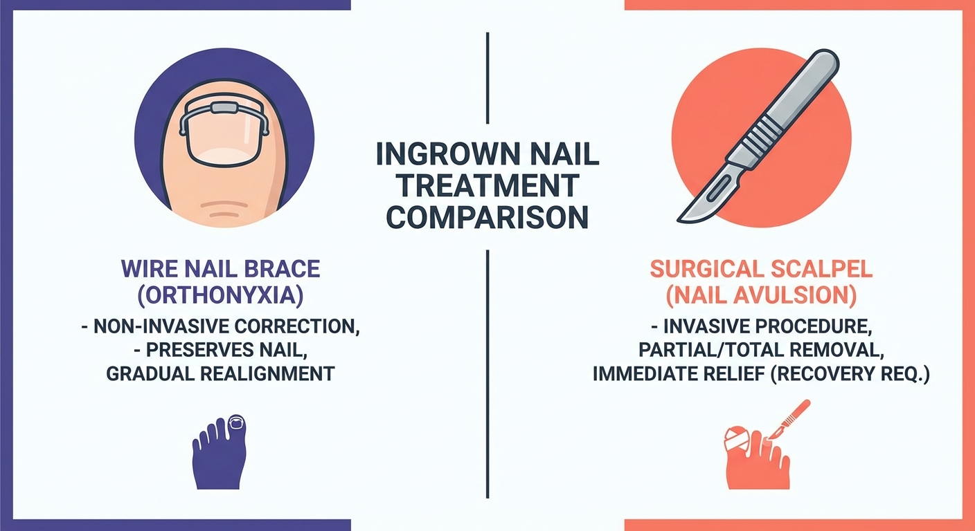Porównanie ortonyksji i chirurgii — infografika klamra vs skalpel