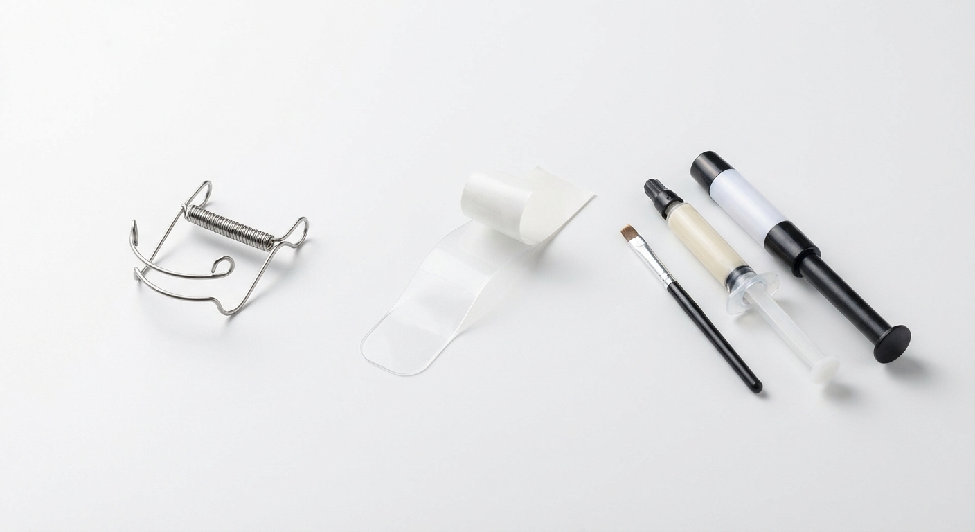 Różne systemy klamr korekcyjnych do ortonyksji — klamra drutowa, adhezyjne, kompozytowe